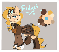 Size: 1406x1238 | Tagged: safe, artist:beardie, oc, oc only, oc:fidget, species:earth pony, species:pony, aviator goggles, bag, boots, character design, clothing, commission, equine, female, goggles, gray background, jacket, lidded eyes, mare, reference sheet, saddle bag, shoes, simple background, solo