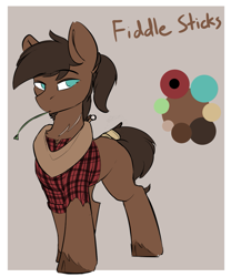 Size: 1055x1267 | Tagged: safe, artist:beardie, oc, oc only, oc:fiddle sticks, species:pony, character design, clothing, commission, equine, food, gray background, plaid, ponytail, reference sheet, scar, shirt, short tail, simple background, solo, tail wrap, unshorn fetlocks, wheat