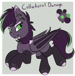 Size: 962x965 | Tagged: safe, artist:beardie, oc, oc only, oc:collateral damage, species:bat pony, species:pony, bat pony oc, bat wings, character design, commission, ear piercing, equine, eyeshadow, fangs, lidded eyes, makeup, membranous wings, piercing, reference sheet, simple background, socks (coat marking), solo, wings