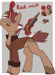 Size: 948x1284 | Tagged: safe, artist:beardie, oc, oc only, oc:red mist, species:pony, species:unicorn, character design, clothing, coat markings, commission, equine, gray background, gun, horn, jacket, lidded eyes, magic, mottled coat, reference sheet, short hair, short tail, simple background, solo, spots, weapon, wrinkles