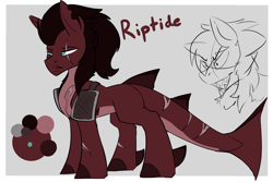 Size: 2000x1339 | Tagged: safe, artist:beardie, oc, oc only, oc:riptide, species:pony, character design, commission, equine, fins, gray background, hybrid, male, original species, reference sheet, scar, shark, shark pony, simple background, sketch, solo, stallion