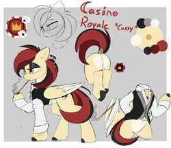 Size: 3292x2860 | Tagged: safe, artist:beardie, oc, oc only, oc:casino royale, species:pony, butt, character design, clothing, color palette, cute, cutie mark, dock, pale belly, sexy, shirt, smoking