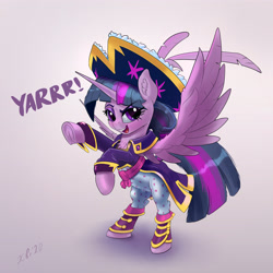 Size: 3830x3830 | Tagged: safe, artist:xbi, character:twilight sparkle, character:twilight sparkle (alicorn), species:alicorn, species:pony, bipedal, captain twilight, clothing, female, gradient background, hat, mare, pajamas, pirate hat, pirate twilight, solo, yarrr