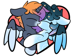 Size: 2560x1920 | Tagged: safe, artist:kimjoman, part of a set, oc, oc only, oc:stellar constellation, oc:sunset winds, species:alicorn, species:pegasus, species:pony, chest fluff, cute, ethereal mane, eyes closed, female, galaxy mane, gradient hair, kissing, male, mare, simple background, stallion, stars, transparent background, two toned wings, wings, ych result