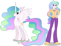 Size: 3415x2599 | Tagged: safe, artist:vector-brony, edit, editor:slayerbvc, character:princess celestia, character:principal celestia, species:alicorn, species:pony, my little pony:equestria girls, accessory-less edit, barehoof, female, hands on hip, human ponidox, mare, missing accessory, no makeup edit, ponidox, self ponidox, simple background, smiling, spread wings, transparent background, vector, vector edit, wings