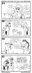 Size: 1320x3035 | Tagged: safe, artist:pony-berserker, character:applejack, character:rarity, character:twilight sparkle, character:twilight sparkle (alicorn), species:alicorn, species:earth pony, species:pony, species:unicorn, axe, bad joke, black and white, comic, dialogue, female, grayscale, hoof hold, i can't believe it's not idw, implied ponies eating meat, mare, monochrome, pig, pun, simple background, speech bubble, stand-up comedy, stink lines, stippling, twiggie, weapon, white background