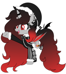 Size: 3080x3433 | Tagged: safe, artist:lazuli, artist:rukemon, base used, oc, oc only, oc:merry mischief, species:alicorn, species:bat pony, species:pony, alicorn oc, bat pony alicorn, bat pony oc, bat wings, bow tie, christmas, clothing, coat, commission, ear piercing, earring, eyeshadow, fangs, female, freckles, halloween, hat, holiday, horn, horn ring, jack-o-lantern, jewelry, makeup, mare, open mouth, piercing, pumpkin, raised hoof, raised leg, santa hat, simple background, snowman, socks, solo, striped socks, transparent background, wings