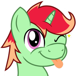 Size: 1000x1000 | Tagged: safe, artist:toyminator900, oc, oc only, oc:jonin, species:pony, species:unicorn, bust, male, one eye closed, simple background, smiling, solo, tongue out, transparent background, wink