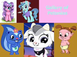 Size: 1070x800 | Tagged: safe, artist:cheezedoodle96, artist:joakaha, edit, character:petunia paleo, character:petunia petals, species:earth pony, species:goat, species:pony, friendship is magic: rainbow roadtrip, g4, my little pony: friendship is magic, archaeologist, baby looney tunes, clothing, cute, dialogue, female, happy, happy tree friends, headscarf, hello, littlest pet shop, littlest pet shop a world of our own, looking at you, looney tunes, mare, mouth hold, obscure crossover, older, petalbetes, petunia (happy tree friends), petunia cloghoof, petunia pig, petunia pig (baby), pig, pigtails, quintet, raised hoof, scarf, shirt, simple background, skunk, smiling, trowel
