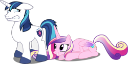 Size: 2432x1227 | Tagged: safe, artist:90sigma, artist:firestorm-can, artist:frownfactory, edit, editor:slayerbvc, character:princess cadance, character:shining armor, species:alicorn, species:pony, species:unicorn, accessory-less edit, duo, edited edit, female, grin, lip bite, looking back, looking up, male, mare, missing accessory, nervous, prone, shorn fetlocks, simple background, smiling, stallion, transparent background, vector, vector edit