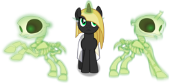 Size: 2021x967 | Tagged: safe, artist:frownfactory, oc, oc:desert night, species:pony, species:unicorn, .svg available, ankh, blonde mane, bone, clothing, ear piercing, earring, female, horn, jewelry, magic, mare, piercing, simple background, skeleton, skeleton pony, skirt, svg, transparent background, undead, vector