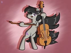 Size: 2560x1920 | Tagged: safe, artist:kimjoman, character:octavia melody, species:earth pony, species:pony, bipedal, bow (instrument), cello, chest fluff, cute, eye clipping through hair, female, hoof hold, mare, musical instrument, one eye closed, open mouth, solo, tavibetes, wink