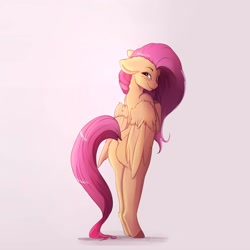 Size: 4000x4000 | Tagged: safe, artist:miokomata, character:fluttershy, species:pegasus, species:pony, blushing, butt, colored hooves, dock, fangs, female, floppy ears, flutterbutt, freckles, freckleshy, grin, looking at you, looking back, looking back at you, looking over shoulder, mare, pink background, plot, semi-anthro, signature, simple background, smiling, solo, white background