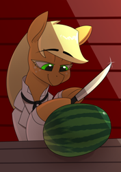 Size: 2480x3508 | Tagged: safe, artist:underpable, character:applejack, species:earth pony, species:pony, clothing, dexterous hooves, female, food, green eyes, hatless, hoof hold, implied applejack's plantation, knife, missing accessory, moments before disaster, smiling, solo, suit, this will end in tears, watermelon