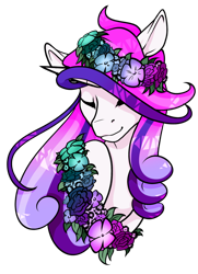 Size: 1024x1414 | Tagged: safe, artist:oneiria-fylakas, oc, oc only, oc:shiny heart, species:pony, species:unicorn, bust, eyes closed, female, floral head wreath, flower, mare, portrait, simple background, solo, transparent background