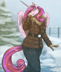 Size: 1000x1177 | Tagged: safe, artist:sunny way, patreon reward, character:princess cadance, oc, oc only, oc:bleeding heart, species:alicorn, species:anthro, species:pony, alicorn oc, anthro oc, clothing, cute, cutedance, feather, female, horn, mare, nightmare cadance, nightmarified, patreon, smiley face, smiling, snow, snowfall, solo, wings
