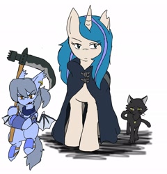 Size: 1969x2048 | Tagged: safe, artist:omegapony16, oc, oc only, oc:oriponi, species:bat pony, species:pony, species:unicorn, armor, bat pony oc, bat wings, cat, cloak, clothing, ear piercing, earring, female, horn, jewelry, mare, necklace, piercing, scarf, scythe, simple background, unicorn oc, vest, white background, wings