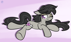 Size: 2560x1518 | Tagged: safe, artist:kimjoman, character:octavia melody, species:earth pony, species:pony, bow, chest fluff, cute, female, floppy ears, garter, mare, one eye closed, prone, solo, tavibetes, wink