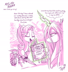 Size: 2062x2205 | Tagged: safe, artist:jowyb, character:queen chrysalis, character:starlight glimmer, species:changeling, species:pony, species:unicorn, series:my little roomie, book, changeling queen, dialogue, duo, eyes closed, female, high res, inkwell, magic, mare, monochrome, open mouth, quill, roommates, simple background, speech bubble, telekinesis, thinking, thought bubble, white background