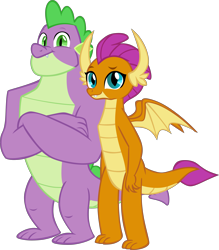 Size: 5784x6605 | Tagged: safe, artist:memnoch, edit, character:smolder, character:spike, species:dragon, ship:spolder, episode:the last problem, g4, my little pony: friendship is magic, crossed arms, dragoness, female, gigachad spike, male, older, older smolder, older spike, shipping, show accurate, simple background, straight, transparent background, vector, winged spike, wings