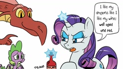 Size: 1200x675 | Tagged: safe, artist:pony-berserker, character:basil, character:rarity, character:spike, species:dragon, species:pony, species:unicorn, ship:sparity, alcohol, dialogue, female, karma, magic, male, payback's a bitch, pony-berserker's twitter sketches, razer, shipping, shipping denied, speech bubble, straight, telekinesis, wine