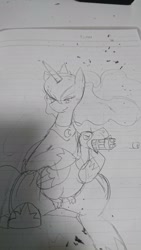 Size: 1152x2048 | Tagged: safe, artist:omegapony16, character:princess luna, species:alicorn, species:bird, species:pony, bullet, duo, female, goose, gun, hoof shoes, lineart, lined paper, luna petting goose, mare, peytral, sitting, traditional art, weapon