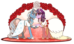 Size: 2200x1296 | Tagged: safe, artist:inuhoshi-to-darkpen, character:starlight glimmer, character:trixie, species:pony, species:unicorn, ship:startrix, clothing, dress, female, horn, horn ring, horns are touching, leonine tail, lesbian, mare, marriage, ring, shipping, simple background, smiling, transparent background, unshorn fetlocks, wedding, wedding dress, wedding ring