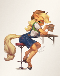 Size: 950x1200 | Tagged: safe, artist:assasinmonkey, character:applejack, species:anthro, species:earth pony, species:pony, species:unguligrade anthro, barstool, blushing, cider, clothing, cowboy hat, drunk, drunk aj, female, hat, leaning forward, mare, mug, overalls, realistic, simple background, sitting, solo, stool