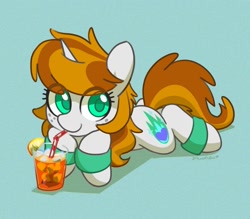 Size: 2031x1778 | Tagged: safe, artist:dawnfire, part of a set, oc, oc only, species:pony, species:unicorn, bendy straw, commission, cup, cute, drink, drinking straw, eye clipping through hair, female, freckles, ice, leg warmers, looking at you, lying down, mare, prone, solo, straw