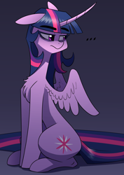 Size: 2480x3508 | Tagged: safe, artist:underpable, character:twilight sparkle, character:twilight sparkle (alicorn), species:alicorn, species:pony, ..., alternate cutie mark, chest fluff, curved horn, female, floppy ears, gradient background, high res, horn, mare, sitting, solo, spread wings, wings
