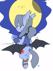 Size: 1543x2048 | Tagged: safe, artist:omegapony16, oc, oc only, oc:oriponi, species:bat pony, species:pony, armor, bat pony oc, bat wings, ear piercing, earring, female, flying, frog (hoof), full moon, japanese, jewelry, looking back, mare, moon, piercing, signature, simple background, smiling, solo, spread wings, text, underhoof, white background, wings