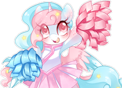 Size: 1198x867 | Tagged: safe, artist:loyaldis, oc, oc:comet lovejoy, species:alicorn, species:pony, alicorn oc, blushing, cheerleader, cheerleader outfit, clothing, dress, ethereal mane, eye clipping through hair, female, galaxy mane, pom pom, simple background, stars, transparent background, two toned mane, two toned wings, wings, ych result