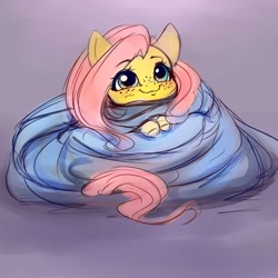 Size: 4000x4000 | Tagged: safe, artist:miokomata, character:fluttershy, species:pegasus, species:pony, absurd resolution, blanket, blanket burrito, blankie, blushing, cute, dawwww, female, freckles, freckleshy, hnnng, mare, shyabetes, solo