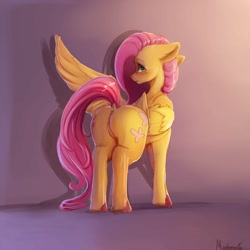 Size: 2000x2000 | Tagged: safe, artist:miokomata, character:fluttershy, species:pegasus, species:pony, butt, cute, dock, featureless crotch, female, floppy ears, flutterbutt, looking at you, looking back, looking back at you, mare, plot, rear view, shy, shyabetes, solo