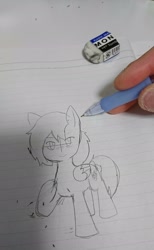Size: 1262x2048 | Tagged: safe, artist:omegapony16, oc, oc only, oc:oriponi, species:pegasus, species:pony, eraser, irl, lineart, lined paper, pegasus oc, pencil, photo, raised hoof, smiling, solo, traditional art, wings