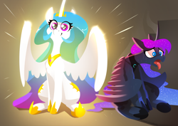 Size: 3508x2480 | Tagged: safe, artist:underpable, character:princess celestia, character:princess luna, species:alicorn, species:pony, crown, cute, cutelestia, duo, duo female, female, floppy ears, frown, glow, glowing wings, happiness, happy, heat, hot, jewelry, light, lineless, majestic, mare, open mouth, regalia, royal sisters, shrunken pupils, siblings, sisters, sitting, smiling, spread wings, sunshine, sweat, tongue out, wide eyes, wings, worried