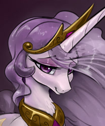 Size: 2374x2851 | Tagged: safe, artist:xbi, character:princess celestia, species:alicorn, species:pony, princess molestia, 30 minute art challenge finished after, bedroom eyes, bust, does this look like the face of mercy, female, jewelry, looking at you, mare, peytral, portrait, regalia, smiling, solo