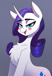 Size: 2480x3580 | Tagged: safe, artist:underpable, character:rarity, species:pony, species:unicorn, bedroom eyes, blush sticker, blushing, chest fluff, curved horn, female, gradient background, horn, looking at you, mare, open mouth, simple background, smiling, solo