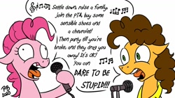 Size: 1200x675 | Tagged: safe, artist:pony-berserker, character:cheese sandwich, character:pinkie pie, species:earth pony, species:pony, dare to be stupid, derp, karaoke, microphone, music notes, singing, song, song reference, voice actor joke, weird al yankovic