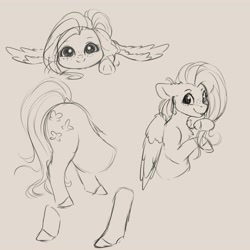 Size: 4000x4000 | Tagged: safe, artist:miokomata, character:fluttershy, species:pegasus, species:pony, black and white, chest fluff, cute, dock, face down ass up, fangs, female, floppy ears, freckles, freckleshy, grayscale, looking at you, mare, monochrome, semi-anthro, shyabetes, simple background, sketch, solo