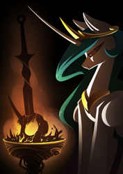 Size: 2480x3508 | Tagged: safe, artist:underpable, character:princess celestia, species:alicorn, species:pony, dark souls, female, fire, mare, skull, solo, sword, weapon