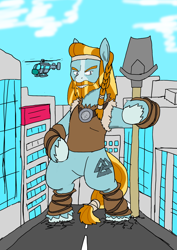 Size: 2508x3541 | Tagged: safe, artist:omegapony16, character:rockhoof, species:earth pony, species:pony, bipedal, braid, building, clothing, featureless crotch, giant pony, helicopter, macro, male, rockhoof's shovel, shovel, solo, stallion, unshorn fetlocks
