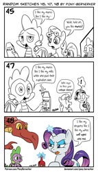 Size: 1320x2309 | Tagged: safe, artist:pony-berserker, character:basil, character:rarity, character:spike, character:sweetie belle, species:dragon, species:pony, species:unicorn, ship:sparity, alcohol, breaking the fourth wall, comic, cutie mark, derp, dialogue, empty eyes, female, filly, karma, magic, male, milk, monochrome, payback's a bitch, pony-berserker's twitter sketches, pun, razer, shipping, shipping denied, simple background, sketch, speech bubble, straight, talking to viewer, telekinesis, the cmc's cutie marks, this will end in pain, this will end in tears, white background, wine, winged spike