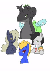 Size: 1451x2048 | Tagged: safe, artist:omegapony16, character:queen chrysalis, oc, species:earth pony, species:pony, chest fluff, chrysalapras, crossover, drinking, earth pony oc, eating, female, hoof hold, hooves to the chest, lapras, male, mare, pokefied, pokémon, simple background, smiling, species swap, stallion, white background