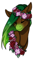 Size: 1413x2480 | Tagged: safe, artist:oneiria-fylakas, oc, oc only, species:pony, bust, eyes closed, female, floral head wreath, flower, freckles, mare, portrait, simple background, solo, transparent background