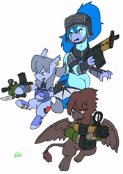Size: 1451x2048 | Tagged: safe, alternate version, artist:omegapony16, oc, oc only, oc:oriponi, species:bat pony, species:hippogriff, species:pony, armor, bat pony oc, bat wings, bayonet, colored, ear piercing, earring, female, gun, hippogriff oc, hoof hold, jewelry, mare, piercing, signature, simple background, soldier, weapon, white background, wings