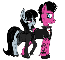 Size: 3876x3543 | Tagged: safe, artist:paskanaakka, derpibooru original, oc, oc only, oc:goth lass, oc:punk dude, species:earth pony, species:pony, anarchy, bags under eyes, bridge piercing, choker, clothing, commission, dyed mane, dyed tail, ear fluff, ear piercing, earring, eyebrow piercing, eyeliner, eyeshadow, father, female, frown, gauges, gem, goth, husband and wife, jacket, jewelry, leather jacket, lidded eyes, lip piercing, long sleeves, looking at each other, makeup, male, mare, mohawk, mother, nose piercing, piercing, punk, safety pin, shipping, shirt, simple background, skirt, sleeveless, smiling, snake bites, stallion, standing, straight, studded bracelet, t-shirt, tail band, tattoo, transparent background, transparent skirt, undershirt, unshorn fetlocks
