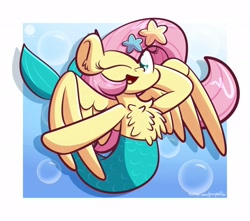 Size: 1920x1694 | Tagged: safe, artist:kimjoman, character:fluttershy, bubble, chest fluff, cute, female, looking at you, merpony, one eye closed, open mouth, pose, shyabetes, smiling, solo, species swap, spread wings, starfish, three quarter view, wings, wink