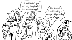 Size: 1200x675 | Tagged: safe, artist:pony-berserker, character:rarity, character:sweetie belle, species:pony, species:unicorn, black and white, burn, egg, exclamation point, glowing horn, grayscale, horn, implied menopause, magic, monochrome, o.o, oblivious, pony-berserker's twitter sketches, sketch, telekinesis