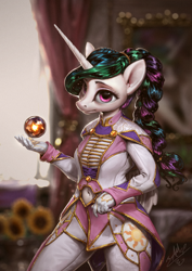 Size: 850x1200 | Tagged: safe, artist:assasinmonkey, character:princess celestia, species:alicorn, species:anthro, species:pony, alternate hairstyle, belly button, blurred background, braid, clothing, costume porn, curtain, female, flower, gloves, mare, navel cutout, orb, painting, solo, sunflower, technically advanced, uniform